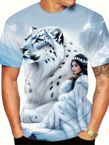 Men'S 3D Print T-Shirt - Majestic White Tiger & Crowned Woman Design, Light Blue Summer Casual Short Sleeve Top, Regular Fit, Machine Washable, Comfortable Fabric, Artistic Design, Smooth Texture, PLUS SIZE - 混合色 - 查看 2