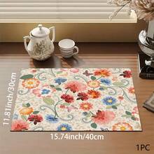 1pc French Floral Print Absorbent Mat/Drying Mat For Coffee Maker, Dishes - Polyester Absorbent Desktop Protective Mat With Rubber Anti-Slip Pad, For Kitchen Counter Decor, Home Bar And Dining Table - Multicolor - View 1