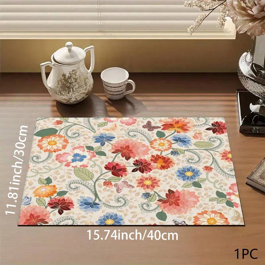 1pc French Floral Print Absorbent Mat/Drying Mat For Coffee Maker, Dishes - Polyester Absorbent Desktop Protective Mat With Rubber Anti-Slip Pad, For Kitchen Counter Decor, Home Bar And Dining Table - Multicolor - View 1