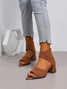 New Women's High Heel Sandals, Fashion Pointed Toe Comfortable Chunky Heel Ankle Boots, Versatile Commuter Women Shoes - Brown - View 2