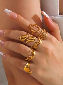 6pcs/Set Stainless Steel 18K Gold Plated Asymmetrical Geometric Open Rings Set, Suitable For Women Everyday, Street, Party Wear - Multicolor - View 6