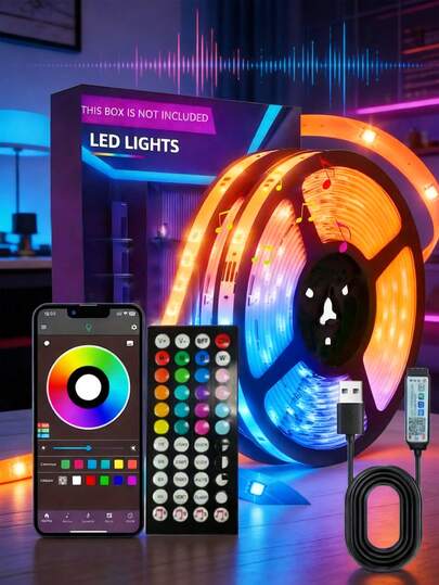 1pc 44-Key Bluetooth Black Circular Lamp Strip, Elegant RGB Remote Control LED Strip Light, Bedroom Decor Light, USB Interface, Smart APP Control, Multi-Color Adjustable, Suitable For Home Decor, Gaming Room, Kitchen, TV Backlight, Bedroom, Holiday Party Atmosphere LED Decoration Light