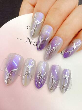 10pcs/Set Y2K Handmade Press-On Nails, Acrylic Almond Cat Eye 3D Press-On Nails. Suitable For Women And Girls, Party & Daily Wear