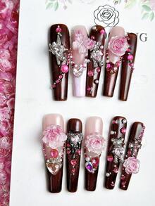 30颗粉色玫瑰软花美甲饰品，渐变牡丹山茶花樱花蝴蝶图案，适合情人节派对、法式美甲DIY等场合。