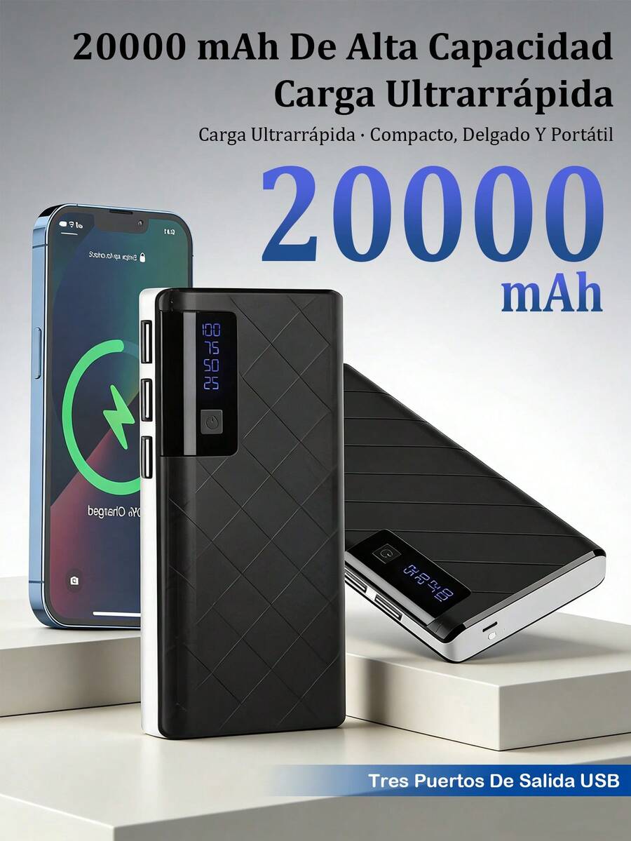 Cargador Portátil Rápido de 20000Mah 5V2A, Cargador de Teléfono Multifuncional de Alta Capacidad, Cable Desmontable 4 en 1, Luces LED Ultra Brillantes, Batería Esencial para Viajes, Pantalla Inteligente Digital, USB-C - Multicolor - Ver 1