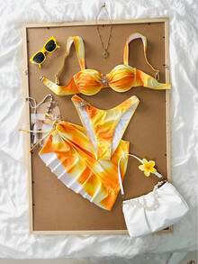 Ensemble bikini 3 pièces à pois, bretelles larges avec armatures pour un maintien confortable, style plage à la mode, parfait pour les fêtes d'été à la plage et à la piscine - orange - Voir 3