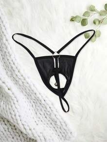 Men's Black Mesh Sheer Simple Sexy Comfortable Breathable Elastic Thong Underwear With Bell Decor - Black - View 3