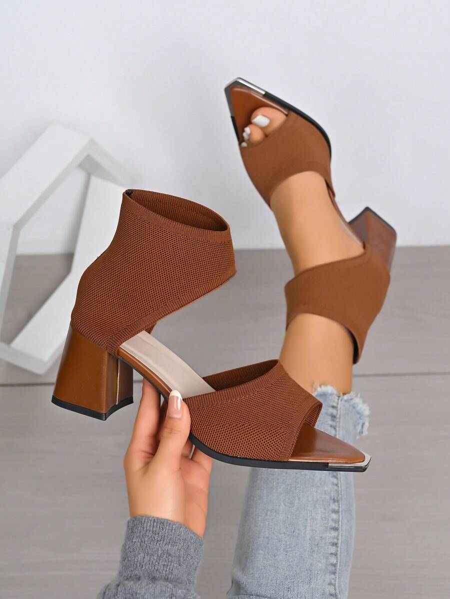 New Women's High Heel Sandals, Fashion Pointed Toe Comfortable Chunky Heel Ankle Boots, Versatile Commuter Women Shoes - Brown - View 1