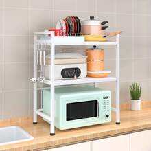 Expandable Microwave Rack, 3-Layer Metal Kitchen Countertop Organizer With 6 Hooks, Toaster Rack, Microwave Rack, And Microwave Rack, Weighing 110 Pounds, White - 白色 - 查看 3