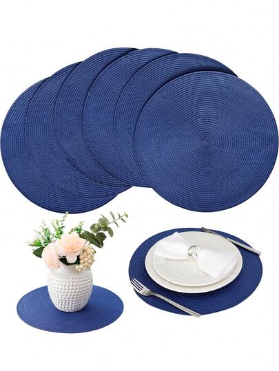 4/6pcs Navy Blue Handmade Woven Placemats, Round Woven Placemats, Heat Insulation Pads, Decorative Mats, Best Selling, Multiple Colors Available, Table Mats, Wrinkle-Resistant Placemats, Suitable For Birthday, Christmas, Housewarming, Celebration Banquet, Holiday Party, Family Gathering And Other Occasions.