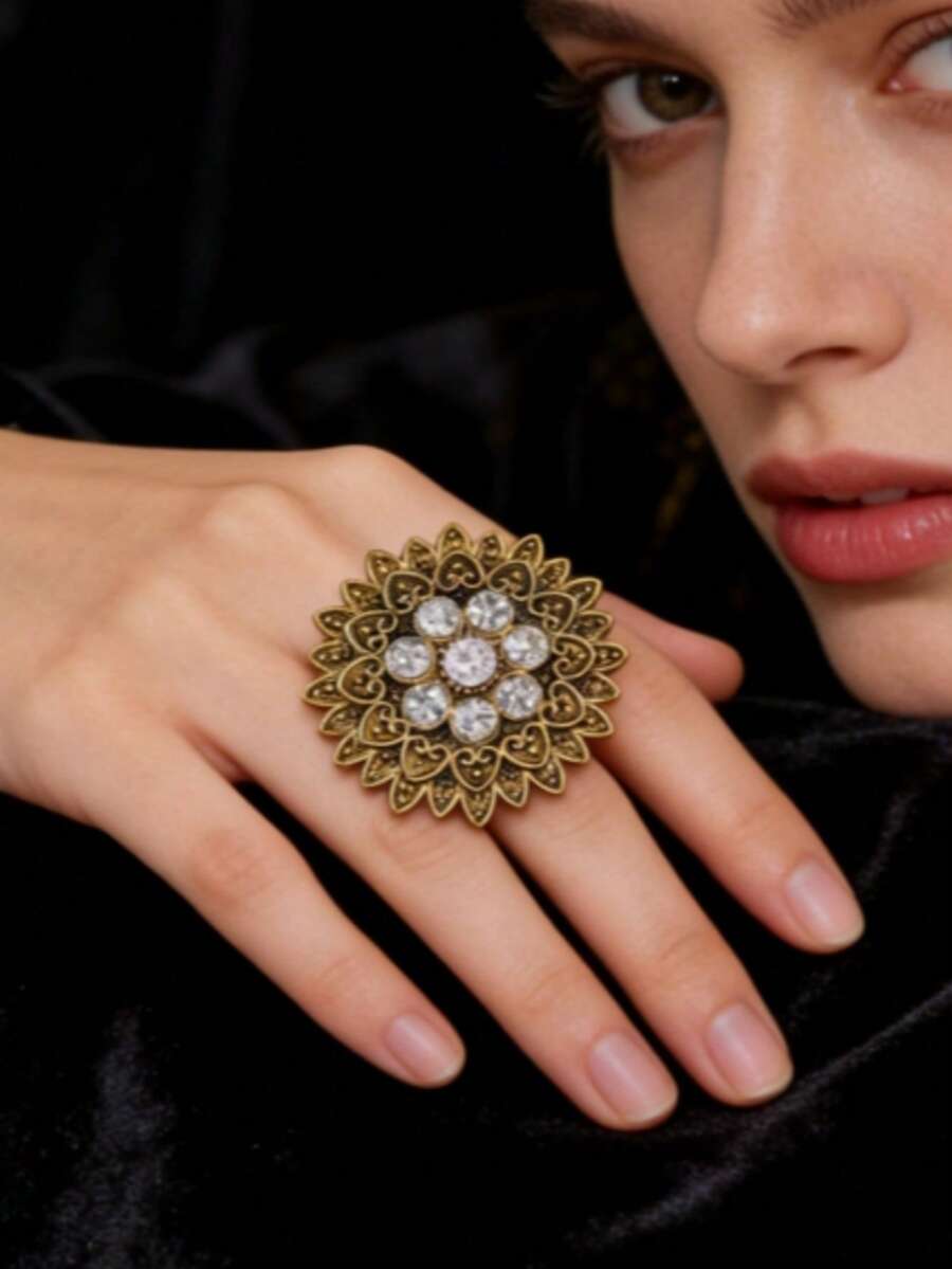 1pc Bohemian Style Vintage Hollow Flower Rhinestone Adjustable Ring - Multicolor - View 1