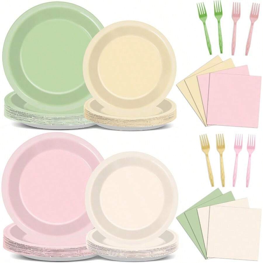 D96Pcs Pink And Sage Green Birthday Party Decorations Olive Green Dusty Pink Metallic Gold Nude Plates And Napkins Boho Paper Plates For Girl Baby Shower Birthday Bachelorette Party Decoration - 粉綠金裸色 - 查看 1