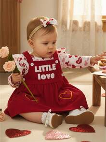 Valentine's Day Baby Girls 3 Piece Outfit Long Sleeve O Neck Bow Heart Print Jumpsuit And Headband Dress Set - 紅色 - 查看 1