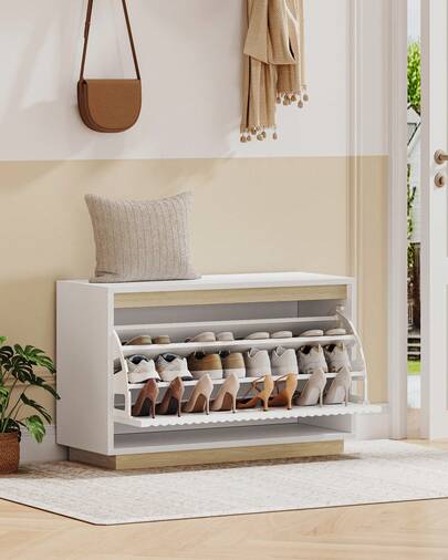 HEXCELEN Shoe Storage Bench, 3 Tier Shoe Rack Bench With Flip Drawer, Shoes Cabinet For 12 Pairs, Adjustable Shelves, Shoes Cabinet Storage For Hallway, Living Room, Bedroom, White