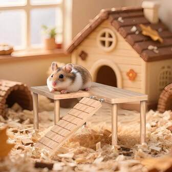 Plataforma de madera de 2 niveles con escaleras y escondite para hámsters, adecuada para jaulas de mascotas pequeñas, juguete interactivo