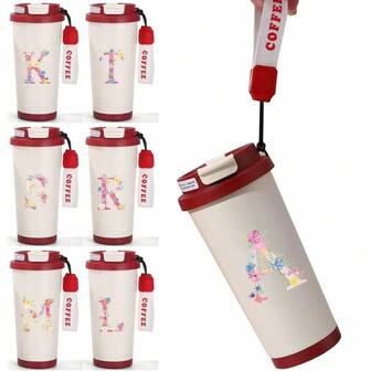 1个不锈钢咖啡杯字母印花保温杯吸管保温水瓶便携式车载杯，粉色首字母防滑旅行车载保温瓶