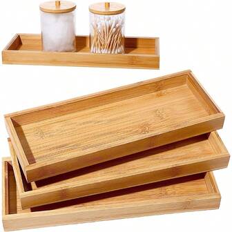1/2/3pcs Bamboo Tray Bathroom Storage Rack, Decorative Multi-Purpose Bathroom Countertop Tray With Rim, Bamboo Vanity Tray For Tissue, Candles, Jewelry, Cosmetics, Japanese Bamboo Tea Tray, Rectangular Wooden Candy Dish, Wooden Tray