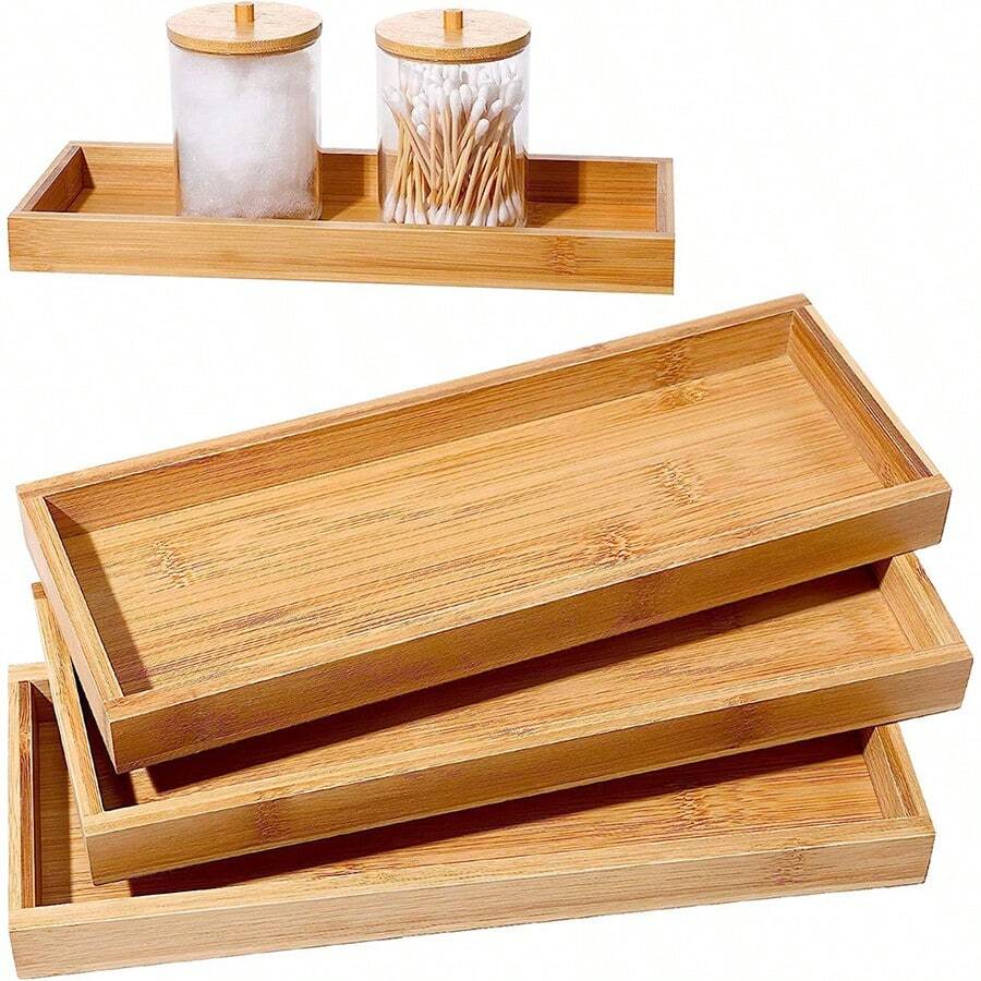 1/2/3pcs Bamboo Tray Bathroom Storage Rack, Decorative Multi-Purpose Bathroom Countertop Tray With Rim, Bamboo Vanity Tray For Tissue, Candles, Jewelry, Cosmetics, Japanese Bamboo Tea Tray, Rectangular Wooden Candy Dish, Wooden Tray - Nhiều màu - Xem 1