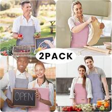 2 Pack Adjustable Bib Apron With 2 Pockets Chef CooFKing Kitchen Restaurant Aprons For Women Men - 藍/紅細條紋 - 查看 8