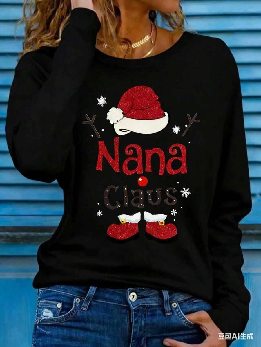 Women's Holiday Christmas T-Shirt, Long Sleeve Round Neck, 100% Polyester, Knitted Fabric, Regular Length, Patch Detail, Casual Style, Autumn Pattern Top 2025 - 黑色 - 查看 1