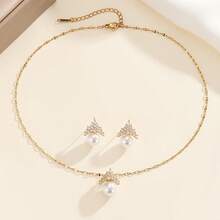 Bộ trang sức gồm mặt dây chuyền hình vương miện và bông tai bằng thép không gỉ dành cho nữ, thiết kế sang trọng đính đá lấp lánh, phụ kiện quà tặng. - Vương miện vàng - Xem 4