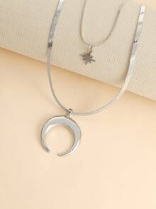 1pc Elegant Ramadan Design Layered Star & Moon Pendant Necklace For Women - Silver - View 4