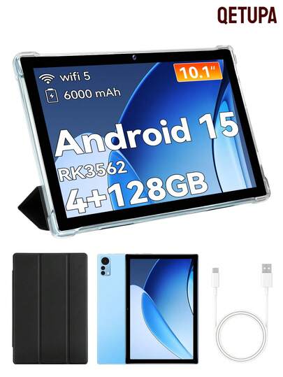 Qetupa Tablet With Leather Case 10.1 Inch Android 15 Tablet,4GB RAM+128GB ROM,RK3562 Quad-Core 1.3GHZ Processor,HD(1280x800) IPS Touch Screen,5MP Front Camera&13MP Rear Camera,6000mAh Battery,802.11ac WIFI5,BT 5.4,GPS,No Support SIM Card