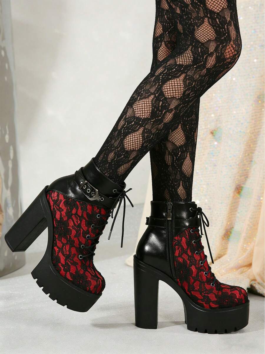 Women's Victorian Lace Goth Platform High Heels Boots Lace-Up Chunky High Heels Round Toe Zipper Punk Ankle Booties Fashionable Rave Buckle Y2k Booties - Black and Red - View 1