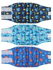 3pcs/Set Cartoon Pet Dog Diaper Set, Shark/Jellyfish/Crab Pattern, Leak-Proof Pads, Suitable For Male Dogs