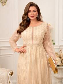 Plus Size Beaded & Sequin Trim Maxi Formal Evening Gown - Apricot - View 2