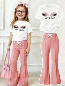 Toddler Girls' Cartoon Print Round Neck Short Sleeve Top And Flare Pants Set - White - View 1
