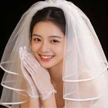 1雙/3件組韓式新娘珍珠手套 短款網紗蝴蝶結面紗 優雅夢幻 婚禮主用 聖誕情人節適用 - 白色 - 查看 2