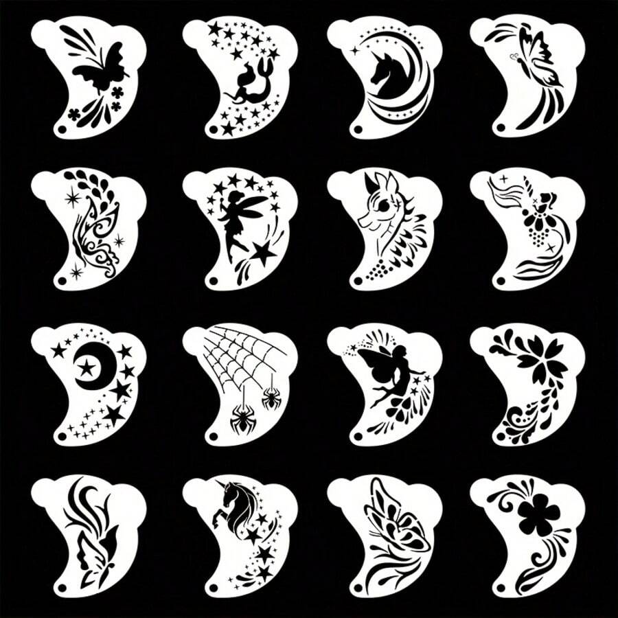 16pcs Reusable Face Painting Stencils, Butterfly & Floral Patterns, DIY Makeup Tools, Suitable For Halloween, Birthday Parties And Cosplay - one-size - View 1