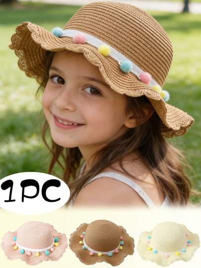 1pc Girls' Straw Woven Sun Hat, Pom Pom Decor Wavy Brim Straw Hat, Breathable Wide Brim Hat For Outdoor Spring/Summer, Cute Vacation Style Children Straw Hat, Lightweight & Comfortable Baby Sun Hat