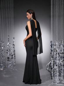 女士无肩带V领绷带紧身连衣裙，优雅心形领网纱拼接荷叶边连衣裙，鸡尾酒会舞会礼服，晚礼服 - 黑色 - 查看 11