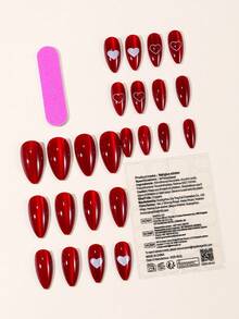 24 pezzi di unghie a forma di mandorla per San Valentino, con colore bianco brillante e rosso vino, effetto occhio di gatto scintillante, design a stampa a cuore dolce, con copertura completa di lucentezza, unghie acriliche riutilizzabili, adatte come regalo per signore, feste, balli e decorazione unghie quotidiana - Rosso - Visualizzare 2