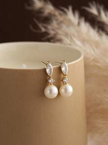 14K镀金CZ珍珠新娘耳环，低过敏镀金耳环，优雅新娘珍珠首饰，女士款 - 金色 - 查看 7