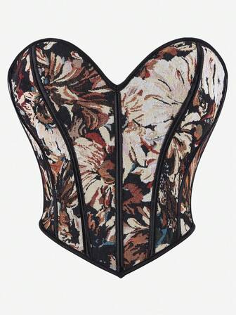 Korsetttopp med vintage jacquard hjärtmönster, sexig, åtsittande bustier-topp, konstnärlig livstycke, lämplig för lager-på-lager eller ytterkläder