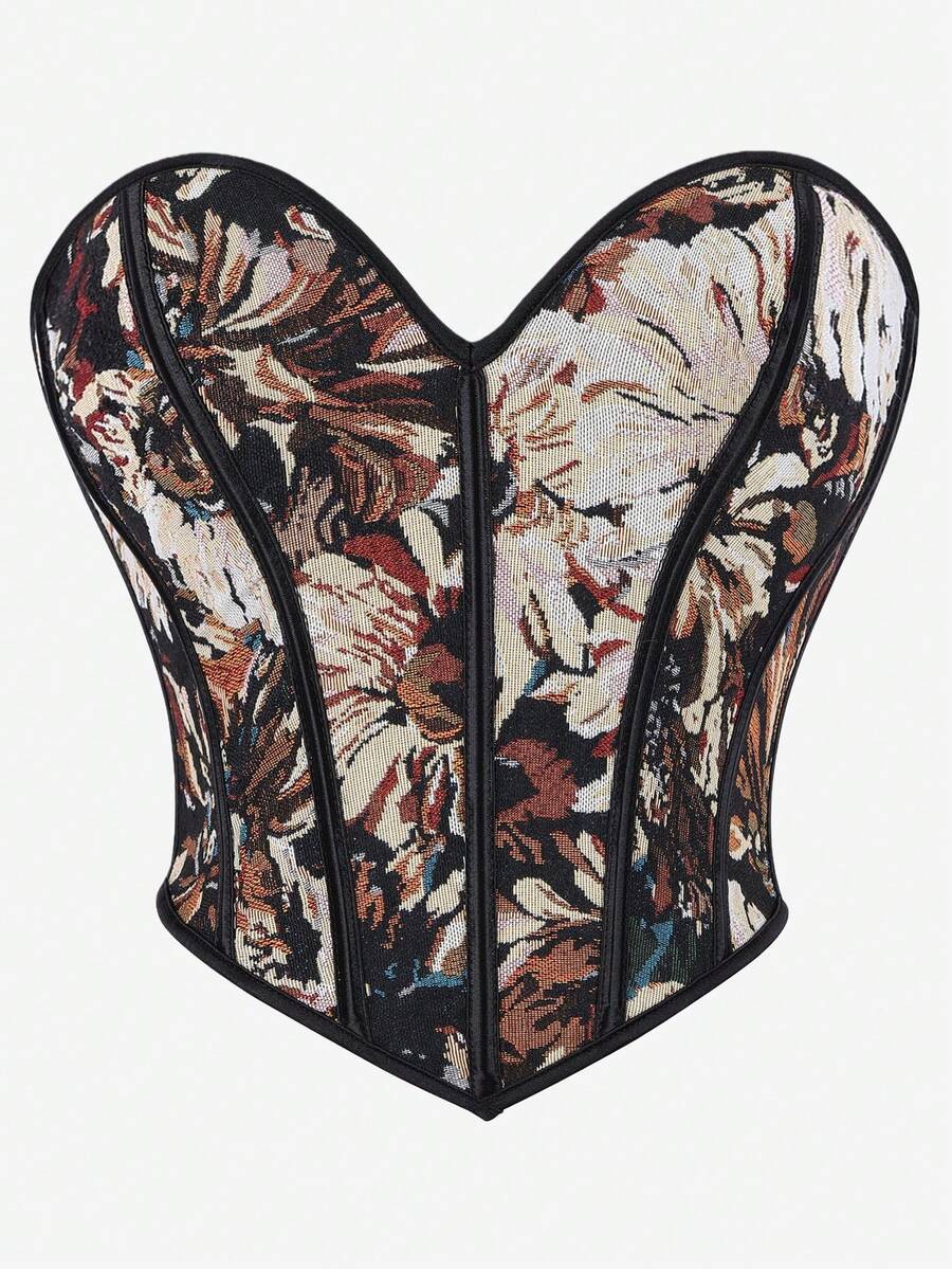 Corpiño con patrón de corazón jacquard vintage, top corto ajustado y sexy tipo corsé, Body artístico, adecuado para usar como capa o prenda exterior - Marrón - Ver 1