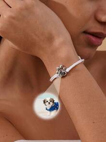 Customized New Projection Bracelet, Stainless Steel Round Photo Bracelet, Customized Colorful Woven Projection Bracelet, Adjustable, Christmas Gift - Dog Paw - Silver - View 3
