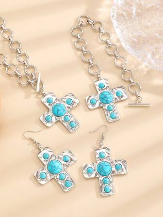 4件套时尚夸张朋克风仿绿松石十字架吊坠耳环手链项链套装，适合女性日常及节日佩戴