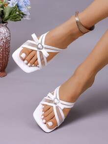 New Fashion Simple Elegant Rhinestone Heart Bow Mesh Criss-Cross Square Toe Chunky Heel Sandals, Slip-On Versatile High Heel Pumps For Women - White - View 3
