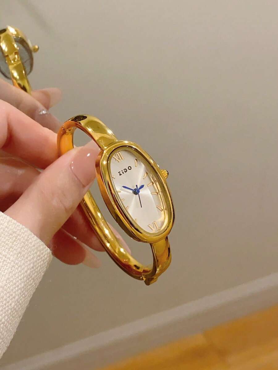 1 pieza Reloj pulsera de mujer vintage de lujo en color dorado/plateado, reloj de cuarzo minimalista elegante, adecuado para uso diario, regalo de cumpleaños - Dorado - Ver 1
