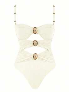 Official Women's Colorblock Hollow-Out One-Piece Swimsuit - trắng - Xem 7