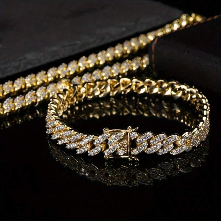 Hip Hop  Cuban Chain - 925 Silver Single Row Moissanite Necklace Bracelet, For Cool Style Rappers And Street Party - Golden - View 1