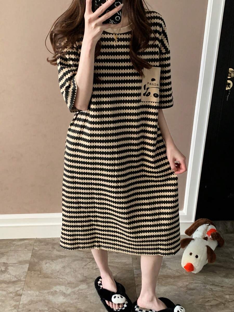 女士条纹口袋短袖睡袍，圆领套头休闲家居服，春夏款 - 卡其色 - 查看 1