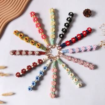 1pc Daisy Flower Cute Polyester Fiber DIY Handmade Wrist Keychain Keyring Phone Lanyard Bag Charm Backpack For School Letter Christmas Gift