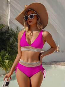 Women's Elegant Sexy High Stretch Deep V Neck Backless Drawstring Knot Tie Side Bikini Set With Tummy Control And Moderate Coverage - Hot Pink - View 3