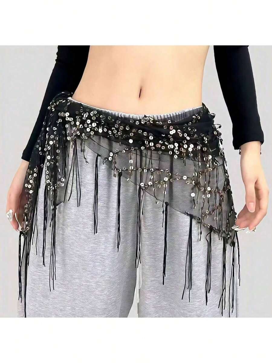 Waist Chain,Chain Belt,Belly Dance Hip Scarf, Sweet Belly Dance Skirt Wrap Performance Bling Sequins Coins, Belly Dance Costume For Women,And Sweet Bellydance Hip Scarf With Gold Coins Skirts Wrap Noisy,Fall,Accessories Women,Belly Dance, Jazz Dance, Dance, Accessories, Dance Waist Chain, Dance Accessories,Belt,Belts For Women,Belts,Western,Cinturones De Mujer - 黑色B - 查看 1