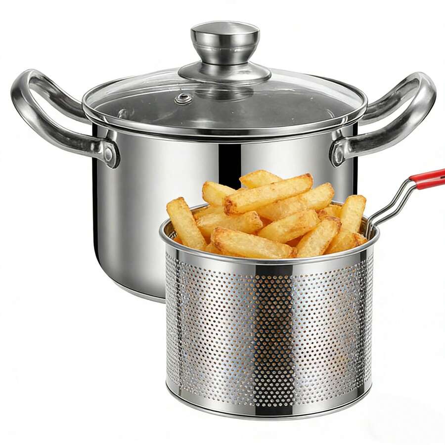 Pasta Pot, Deep Fryer, French Fry Pot, Noodle Pot, Soup Pot, Strainer Basket - Silver - View 1